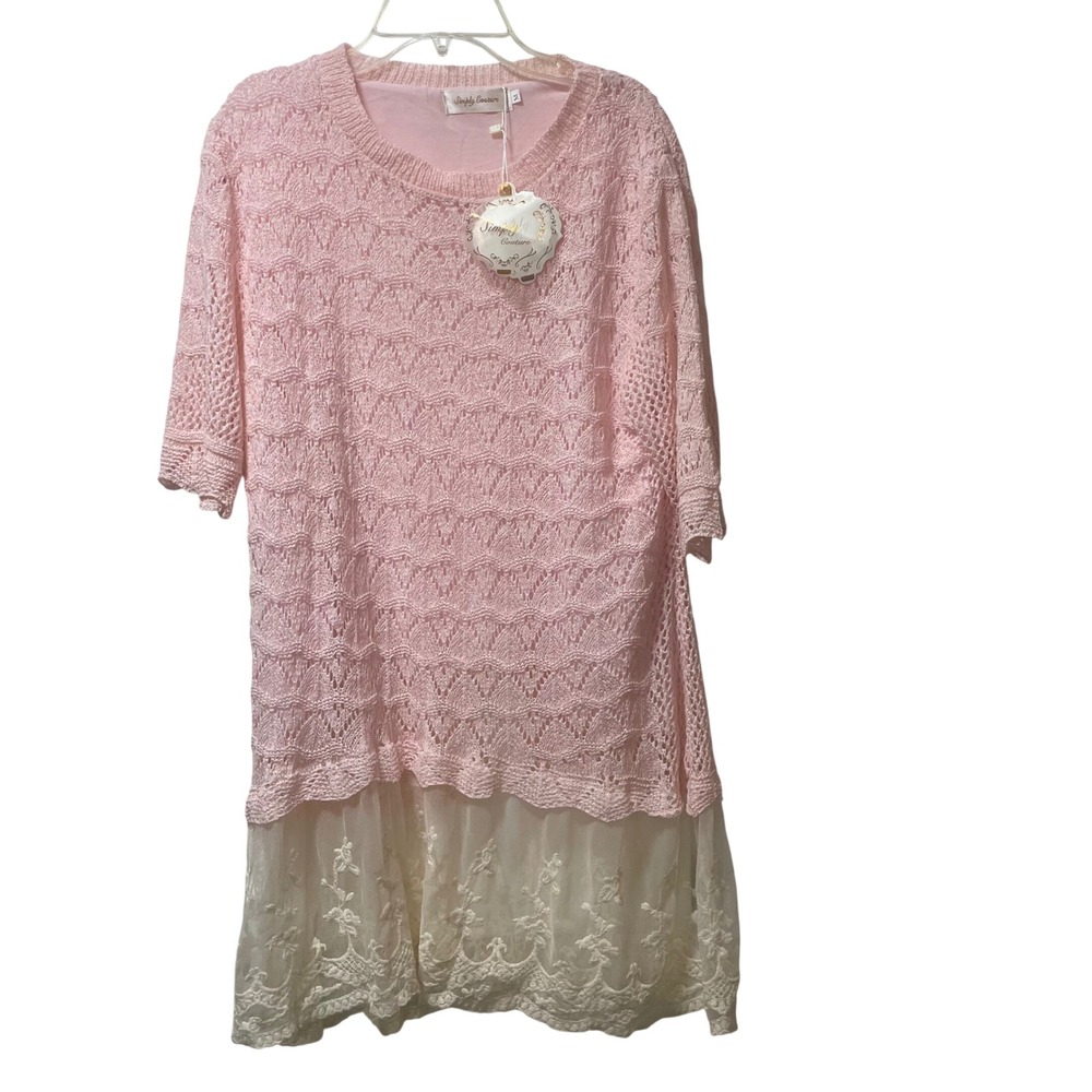 Simply Couture Pink Pointelle Knit Top Lace Hem Split Back Womens Medium NWT